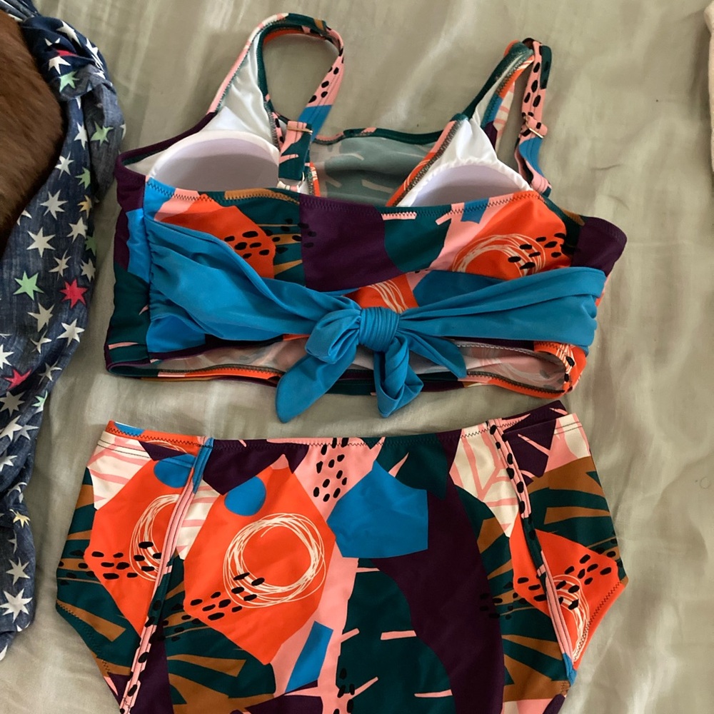 Latched Mama Orange and Blue High Waist Bikini with Nursing Tie-Back Top - Picture 2 of 4